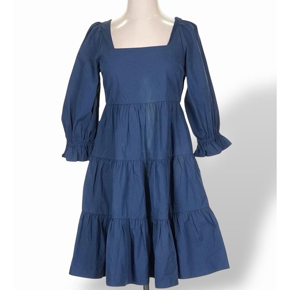 Madewell Navy Blue Babydoll Mini Dress Size 4 Tier Ruffle Y2K Square Neck Cotton